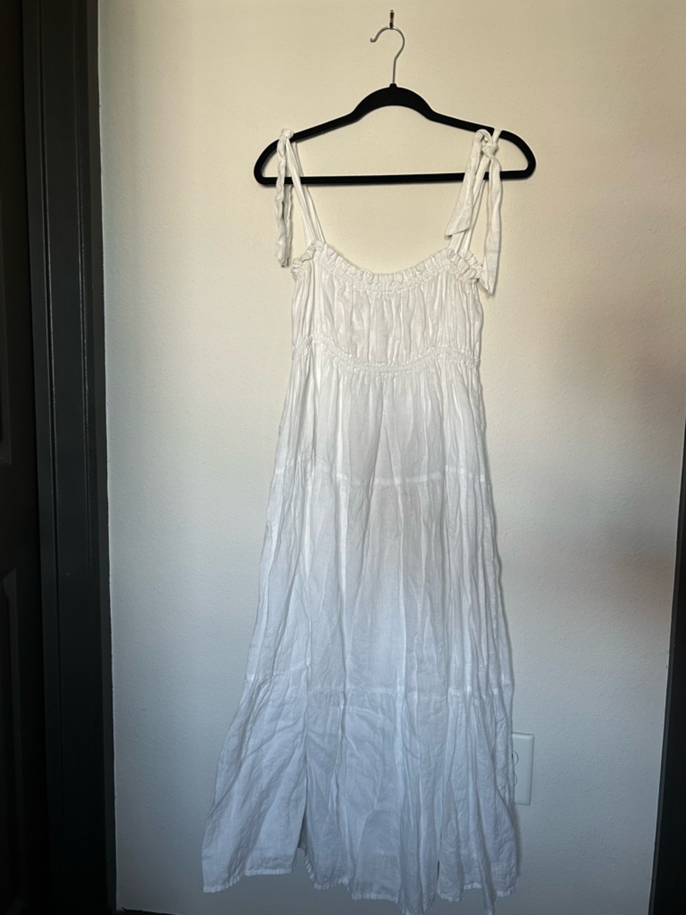 Faithfull the Brand White Smocked Tie-Shoulder Maxi Dress